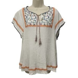 Signature Studio Ivory Embroidered Boho Peasant Top Tassel Tie Large